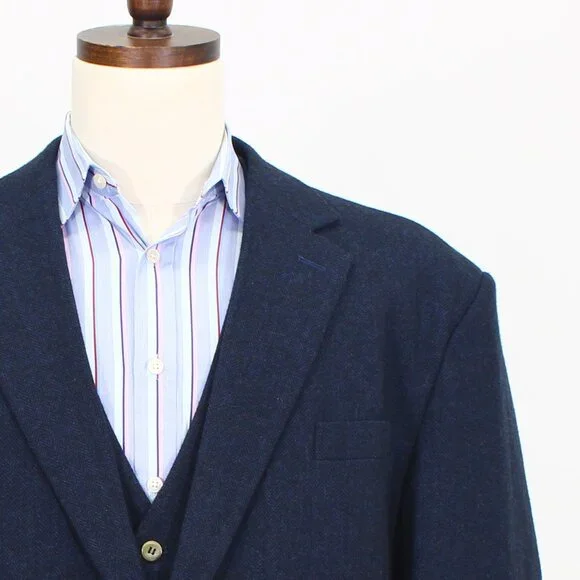 Moran X 52L 46x33 Navy Full Suit 3-Piece 2-Button Herringbone R585